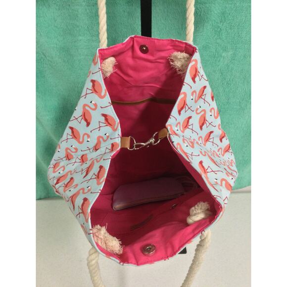 XL Caribbean Joe Canvas Flamingo Beach Bag and wristlet - Picture 6 of 12